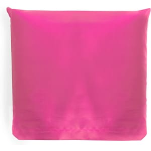 A pink foldable bag with a smooth surface, featuring a logo on the front.