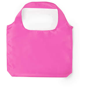 A pink foldable bag with a handle and a simple design. It features a logo on one side.