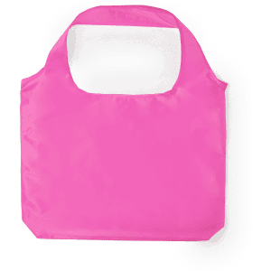 A pink foldable bag with a wide opening and a single handle. It features branding on the surface.