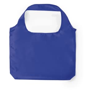 A foldable bag in a deep blue hue, featuring a clear opening and logo branding.