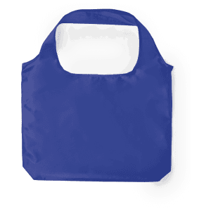 A blue foldable bag with a spacious design and a handle, featuring a logo.