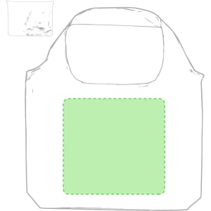 A foldable bag in white with a large green area and a small folded version of the same bag above. It has a logo.