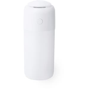 A white humidifier in a sleek, cylindrical design with a small button on the front and minimal branding.