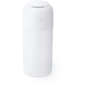 A white humidifier with a sleek design and a power button, featuring a smooth, cylindrical shape.