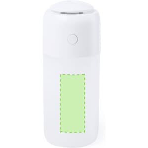 A humidifier in a sleek, white design with a simple control button and an area highlighted in green.