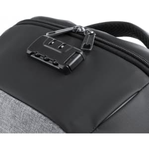 A black and grey backpack featuring a zippered compartment and a combination lock. Includes a logo.