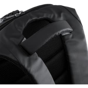 A black backpack featuring a padded handle and mesh back support for comfort. It includes a logo on the side.