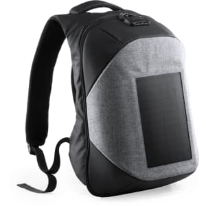A black and grey backpack featuring a solar panel on the front, with padded straps for comfort and a logo.