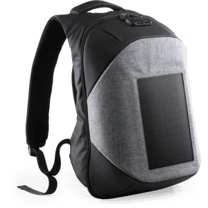 A sleek black and grey backpack featuring a solar panel on the front, designed for charging devices.