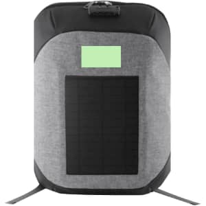 A grey and black backpack featuring a solar panel and an area for branding. The design is sleek and modern.