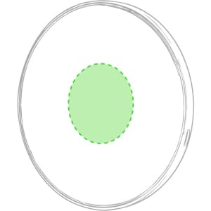 A wireless charger in white with a central green area, featuring a branding logo.