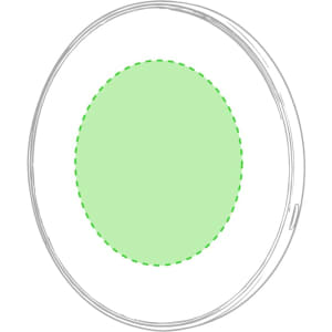 A circular, wireless charger in white with a green centre and a subtle logo.