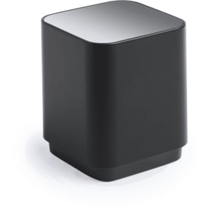 A compact black speaker with a smooth, silver top and rounded edges, featuring a subtle logo.
