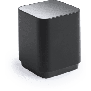 A compact black speaker with a smooth, reflective top surface and a minimalist design. It features a logo.
