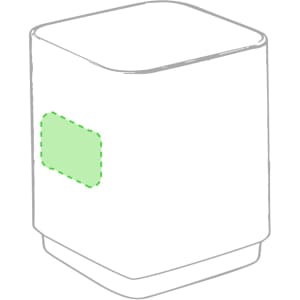 A square-shaped speaker with rounded edges, featuring a green accent on the side. It has a logo.