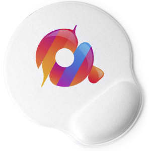 A white mousepad featuring a colourful abstract design with a round shape and wrist support.