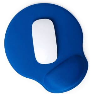 A blue ergonomic mousepad featuring a white mouse on it. The pad has a wrist rest for added comfort.
