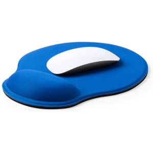 A blue mousepad featuring a raised wrist support with a white mouse resting on it.
