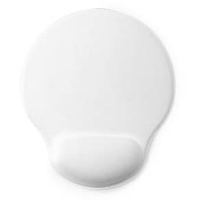 A white mouse pad with a rounded design featuring a wrist rest at the bottom. It has a smooth surface.