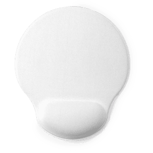 A round white mousepad with a smooth surface and a contour for wrist support. It features a logo.