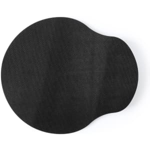 A black mouse pad with an ergonomic shape and a textured surface, featuring a branding logo.