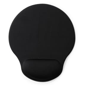 A black mousepad featuring a cushioned wrist rest, designed for office use. It has a smooth surface and a rounded shape.