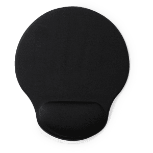 A black mousepad featuring a wrist rest for added comfort. It has a smooth surface and a non-slip base.