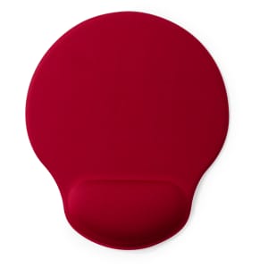 A round red mousepad with a wrist rest, designed for office use. It features a smooth surface and a logo.