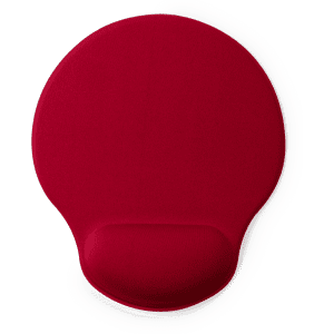 A round red mouse pad with a wrist support feature, designed for comfort while using a computer.
