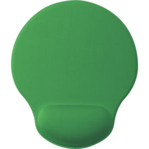 A green mousepad with a wrist rest, featuring a smooth surface and a rounded shape.