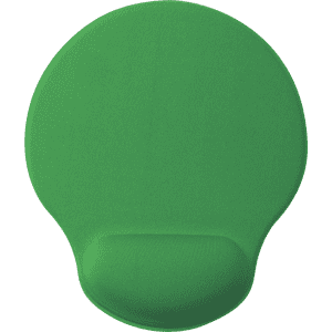 A green mousepad featuring a wrist rest for comfort, with a smooth surface and a rounded shape.