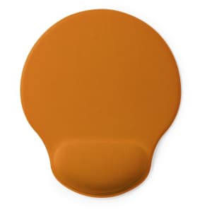 An orange mousepad with a wrist rest, featuring a smooth surface and rounded shape.