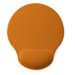 An orange mousepad with a wrist rest, designed for office use, featuring a smooth surface and rounded shape.