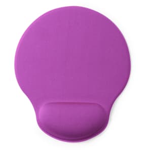 A purple mousepad with a soft wrist rest, designed for comfort and functionality in office use.