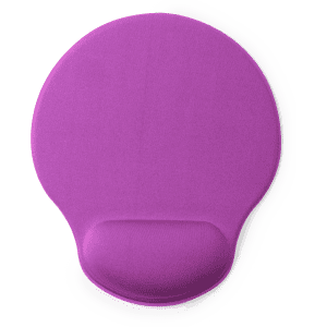 A purple mouse pad with a wrist rest, featuring a smooth surface and a rounded shape.