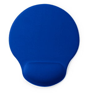 A blue mousepad featuring a wrist support area, suitable for office or business use.