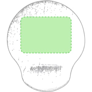 A round mousepad with a green rectangular area in the centre, featuring a simple design and one logo.