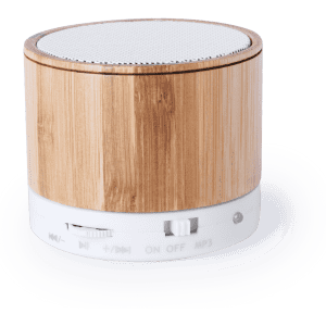 A cylindrical speaker featuring a bamboo exterior and a white base, equipped with control buttons.