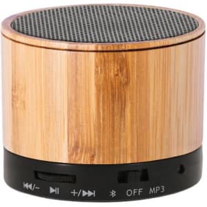 A round speaker featuring a bamboo exterior and a black base with control buttons and a logo.