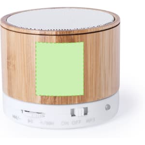 A bamboo speaker with a circular design, featuring a silver speaker mesh and white control buttons.