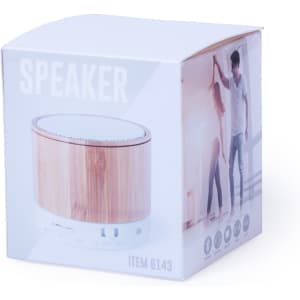 A speaker in a brown and white box with a logo, featuring an image of a couple dancing.