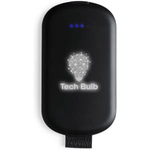 A black power bank with a logo design of a light bulb and three blue indicator lights.