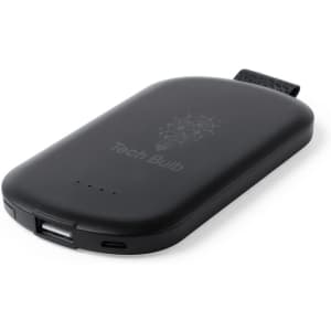 A black power bank with a branding logo, featuring a USB port and a slim design.