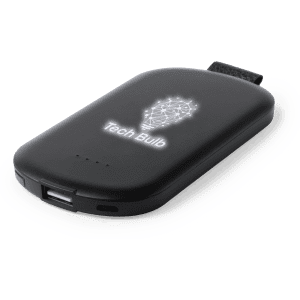 A black power bank with a glowing light bulb graphic and a USB port. It has a sleek, compact design.