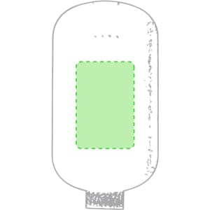 A power bank with a flat, oval design in grey and a light green area, featuring a logo on its surface.