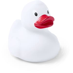 A white rubber duck with a red beak, featuring a simple design and smooth surface, has a small logo on it.