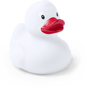 A white rubber duck with a red beak, featuring a simple design and a round shape. It has a logo.