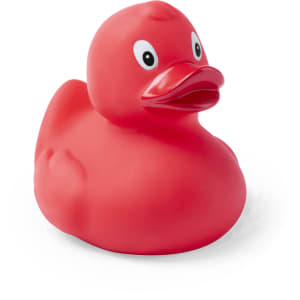 A red rubber duck with a rounded body and a smiling expression. It features a branding logo on its side.