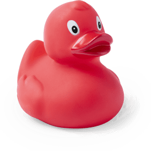 A red rubber duck with big eyes, designed for stress relief and fun. It features a simple design and has a logo.
