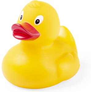 A bright yellow rubber duck with a red beak, designed as a stress relief toy. It features large eyes and a playful expression.